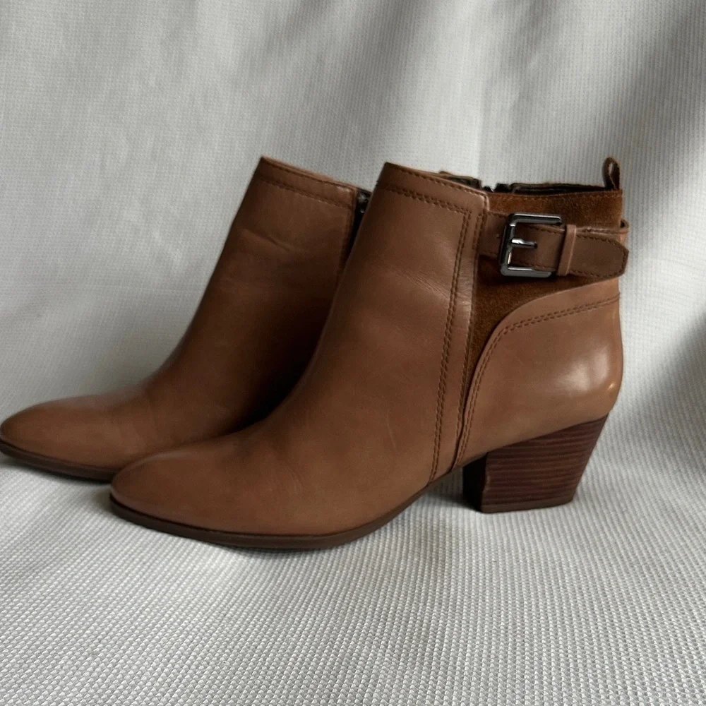 Franco Sarto Garda Women’s Camel Brown Leather Block Heel Zip Ankle Boots Sz 8M